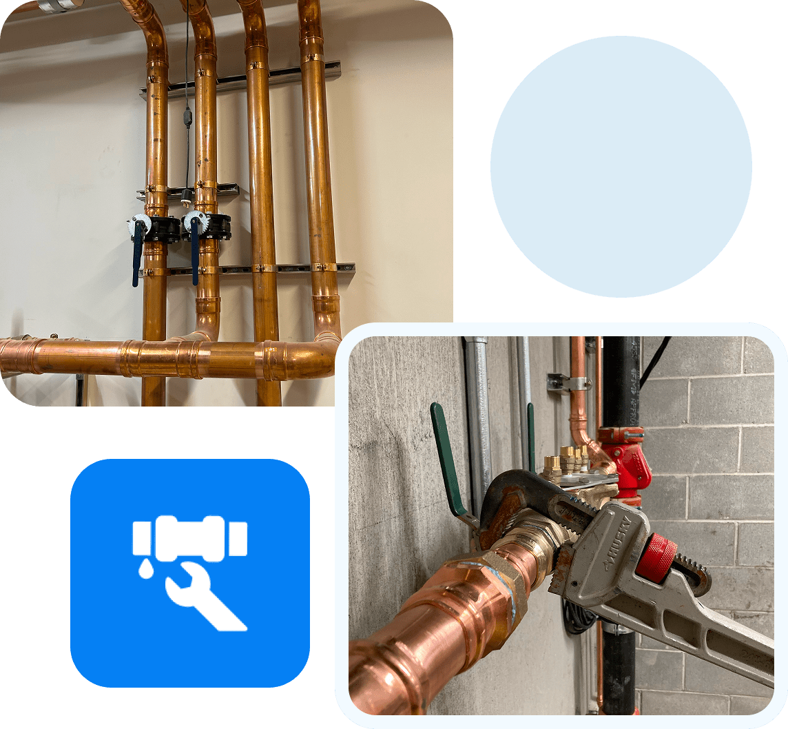 Copper piping with valves in a plumbing setup.