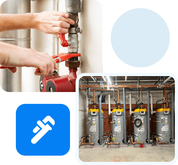 Hands adjusting water pipes and a boiler system.